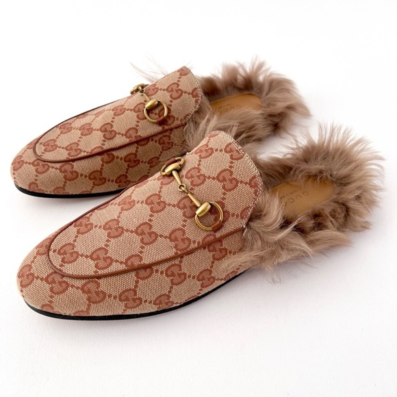 GUCCI | Princetown Fur Horsebit Tan Beige GG Monogram Slipper Mule EU 40 US 10 - Picture 1 of 10